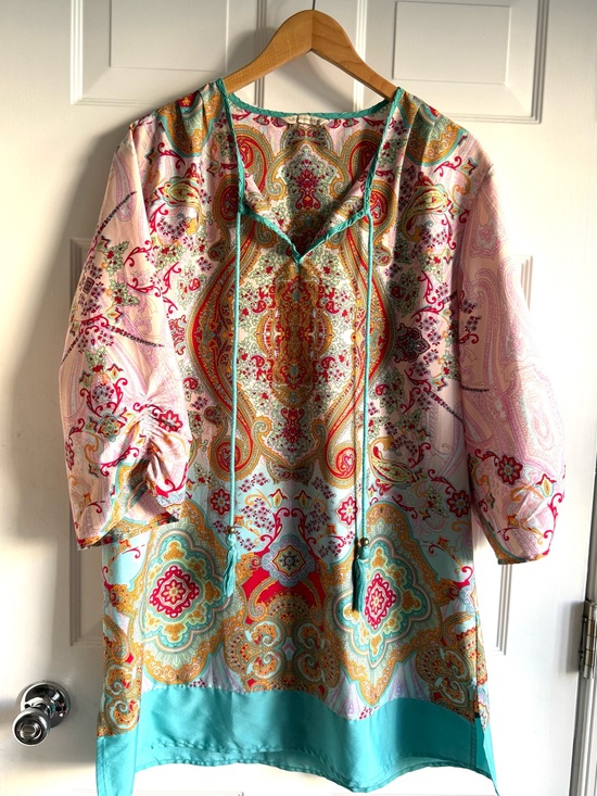 Soft Surroundings Tops - Boho Paisley Tassel Tunic Top | Aqua Pink Print | Size L